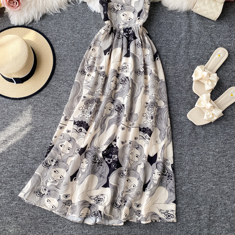 Robe sexy dos nu à bretelles imprimée à taille fine 3404