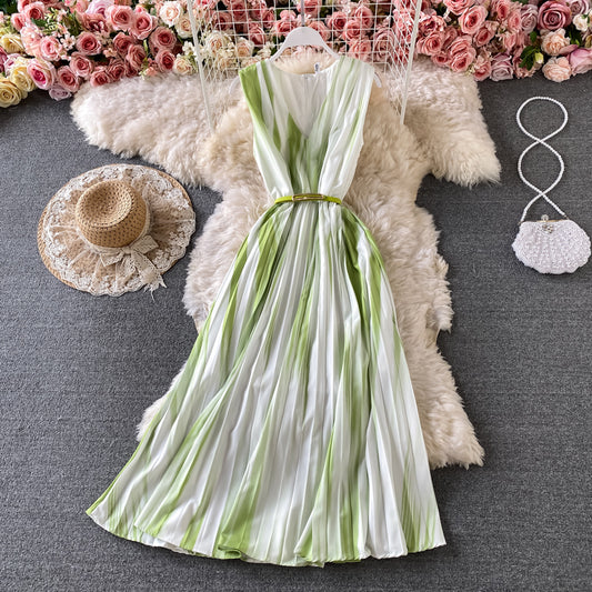 Gradient V-neck sleeveless dress temperament long skirt  3182