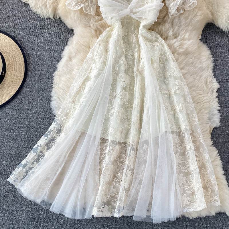 Robe à manches bouffantes avec jupe féerique en maille de tempérament 3332