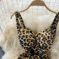 Leopard pleated waist slim split buttock dress  2757