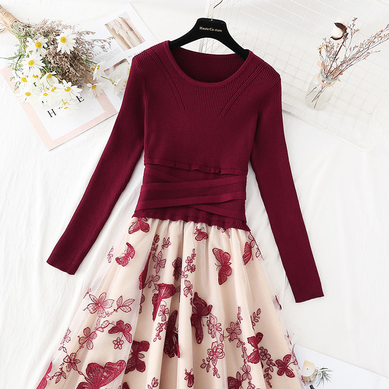Red dress mesh embroidery stitching knit slim bottomed skirt  2169