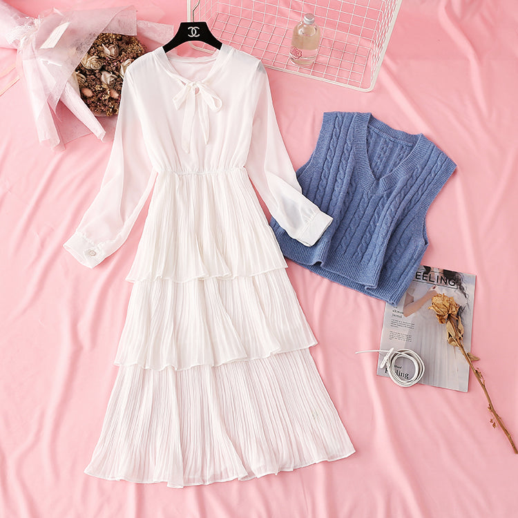 Net red sweater knitted vest chiffon cake skirt two piece suit  2292