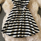 Robe rayée à col en V, jupe trapèze slim décolletée 3049