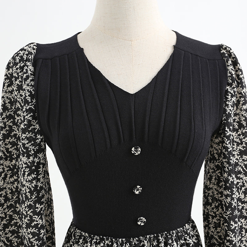 New Retro long skirt stitched black knitted skirt premium skirt  2238