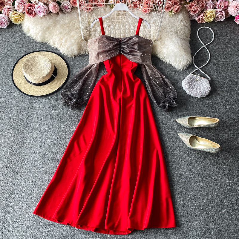 Sexy suspender French off shoulder swing dress  3412