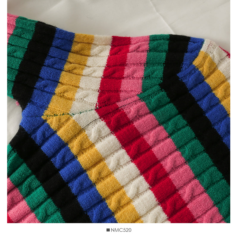 Pull femme fin à simple boutonnage à rayures colorées élégantes 1788