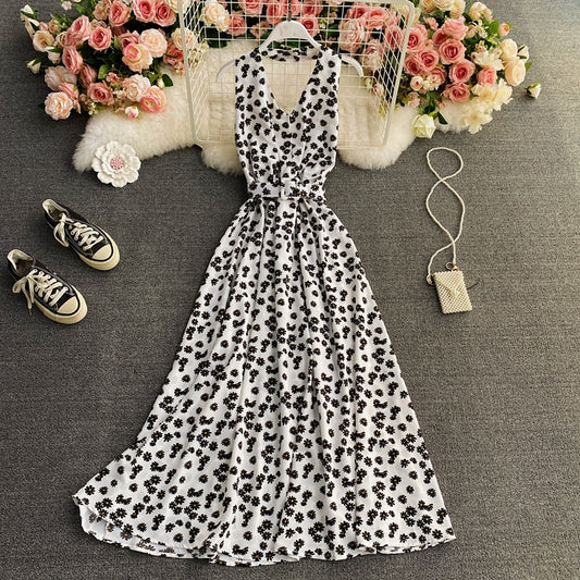Floral skirt hanging neck V Chiffon Dress  3414