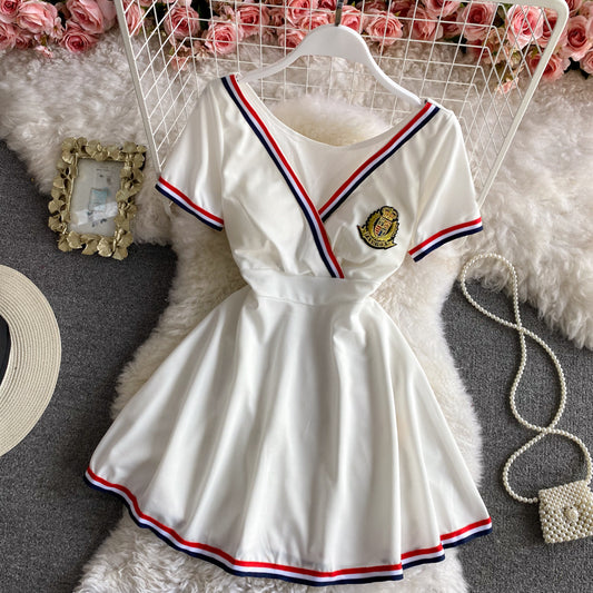Navy V-neck open chest sexy short sleeve dress  2840