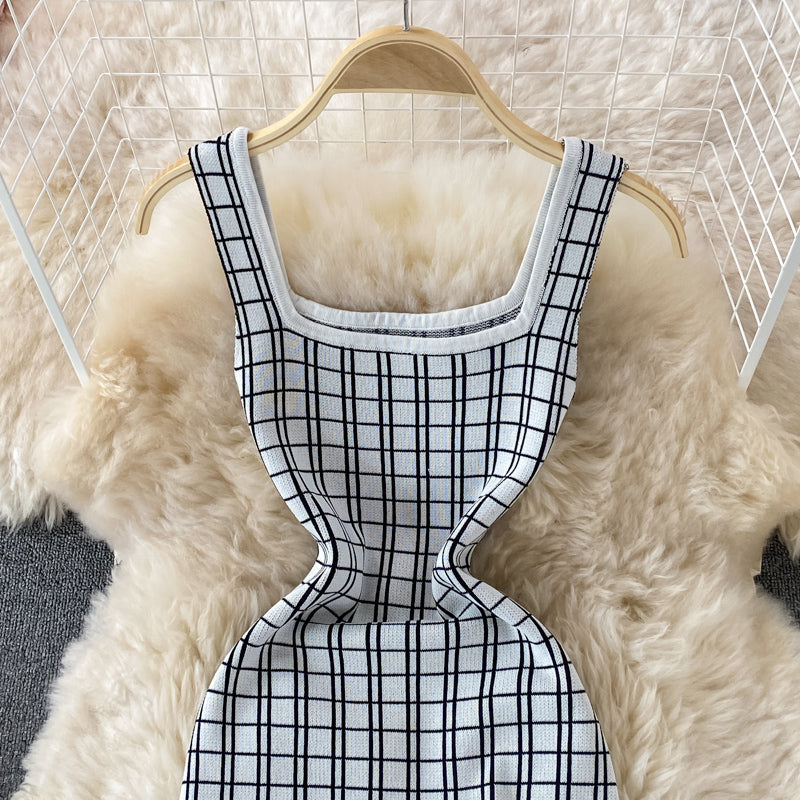 Suspender skirt shows thin ice silk knitted Plaid Hip Wrap Dress  2756