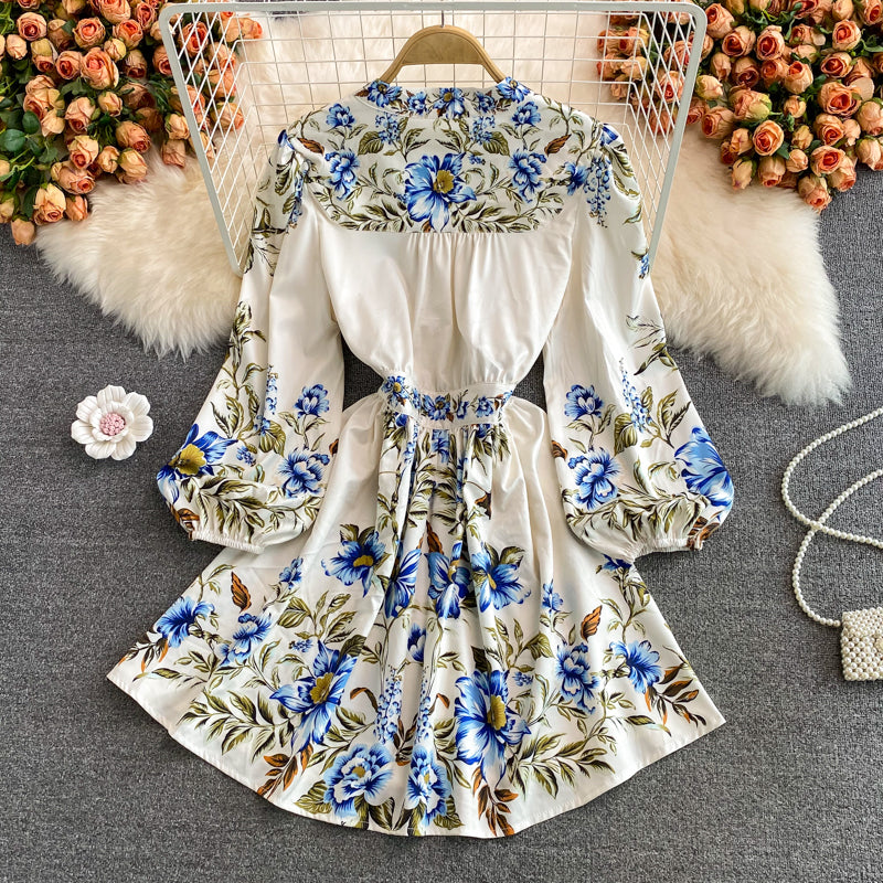 Robe imprimée taille haute, coupe slim, simple boutonnage, longueur moyenne, col en V, 3012