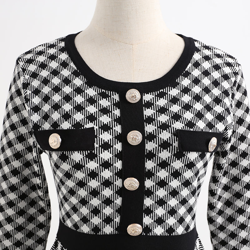Small fragrance dress long sleeve slim thousand bird check skirt  2425