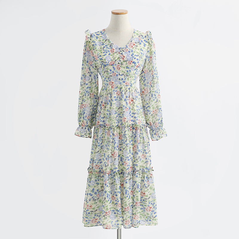 Gentle style, thin floral skirt, V-neck Chiffon Ruffle Skirt  2211
