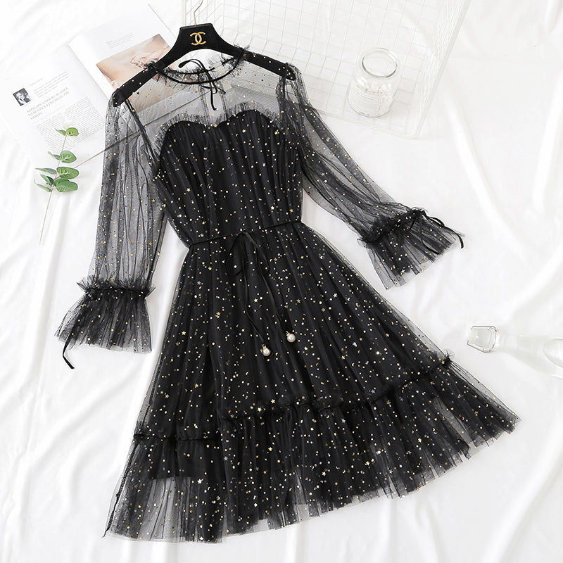 Sequin lace mesh dress women's autumn and winter loose bottomed doll dress  2173