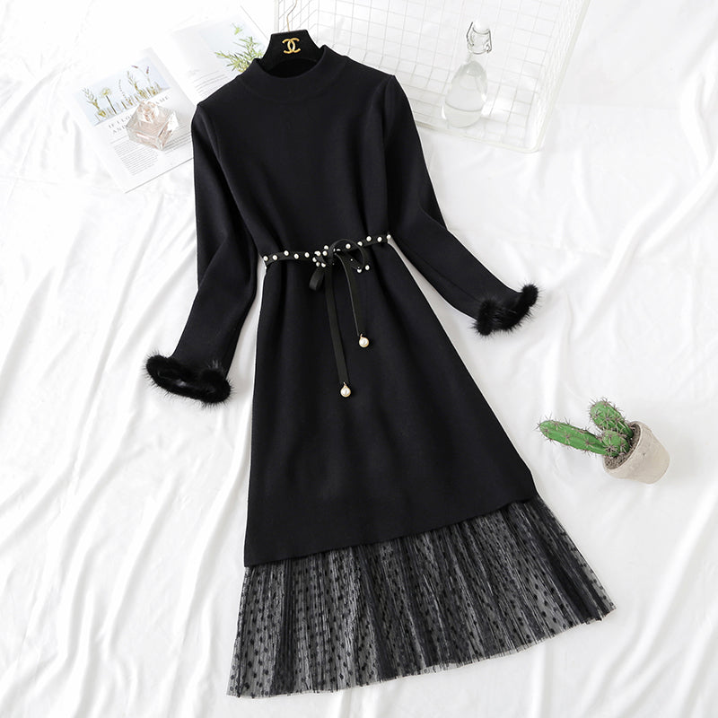 Long skirt over knee sweater knitted dress fashion suit  2472