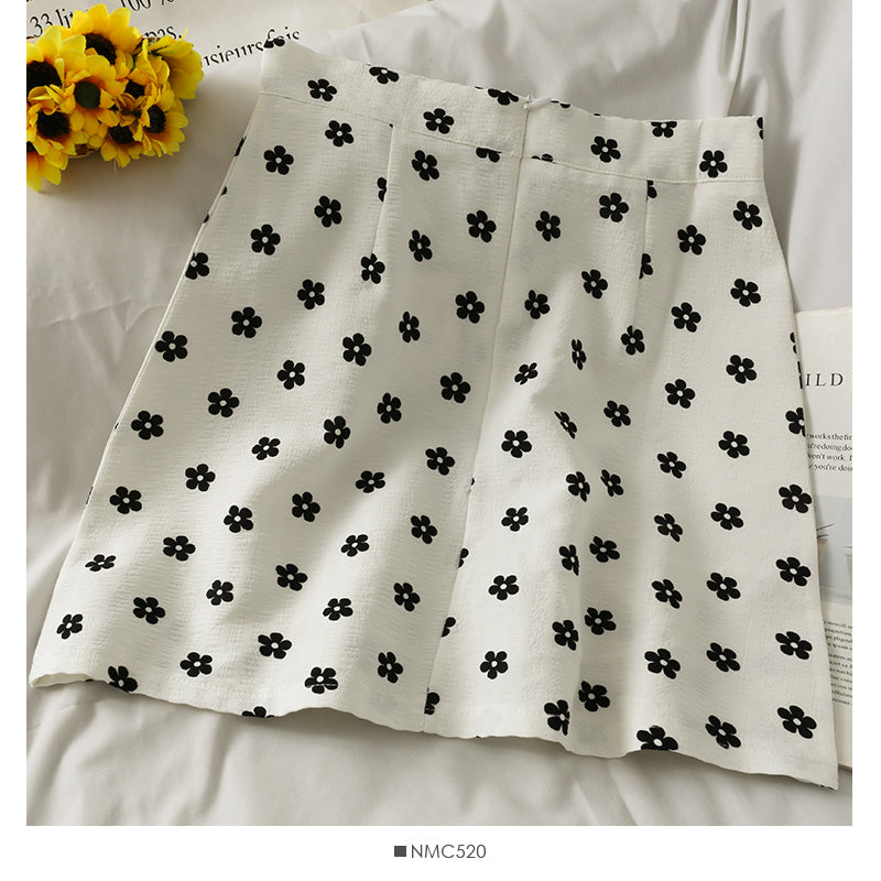 Hong Kong style retro bow printed high waist anti light A-line skirt  2621
