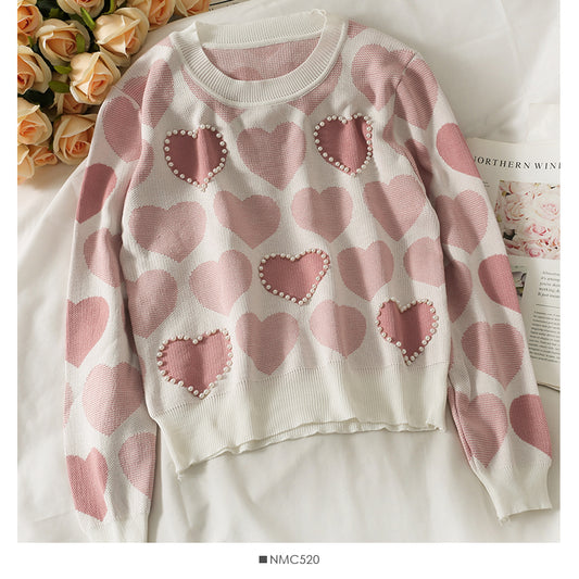 Pull imprimé coeur perle clou vent doux pour femme 1839