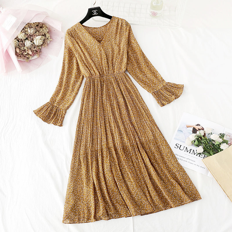 Small fresh pleated French retro long skirt Kikyo skirt  2383