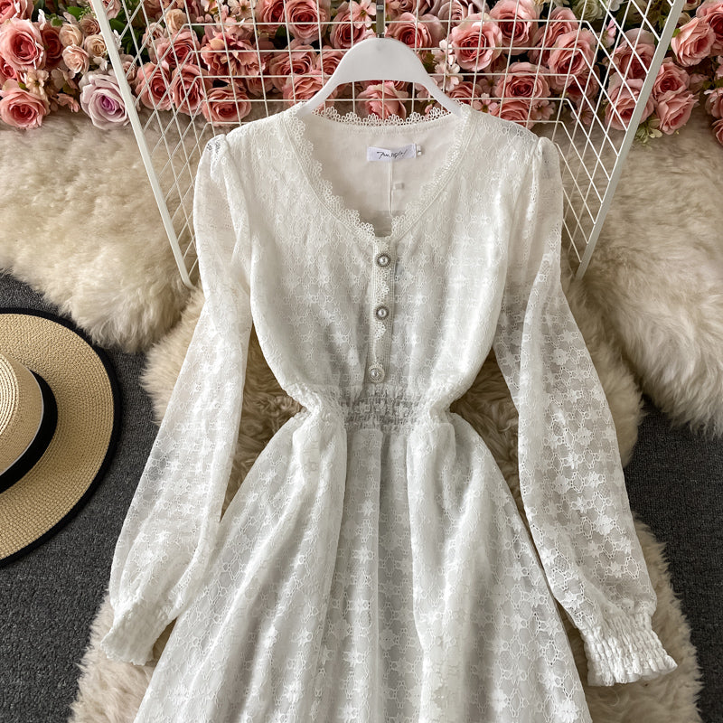 Women's dress with narrow waist and solid color bubble sleeve lace  3420