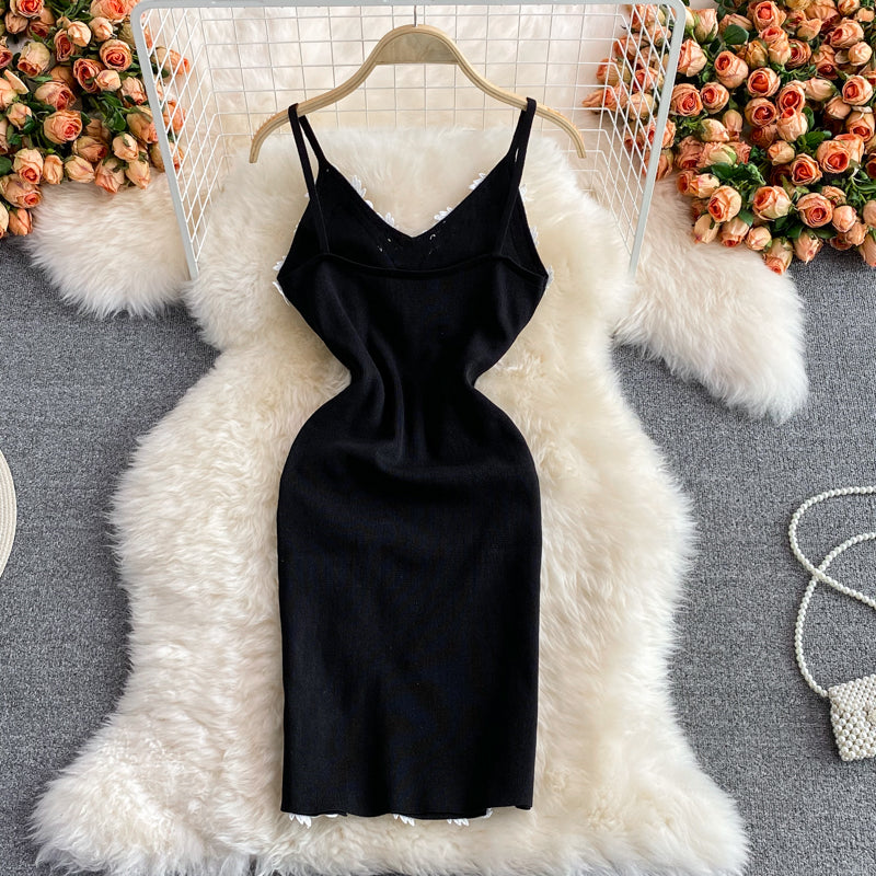 French retro Flower Embroidered backless knitted buttock dress  2782