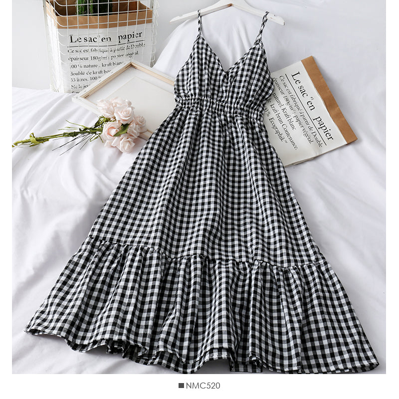 Plaid small Qingxin loose tight waist thin medium length dress  2682