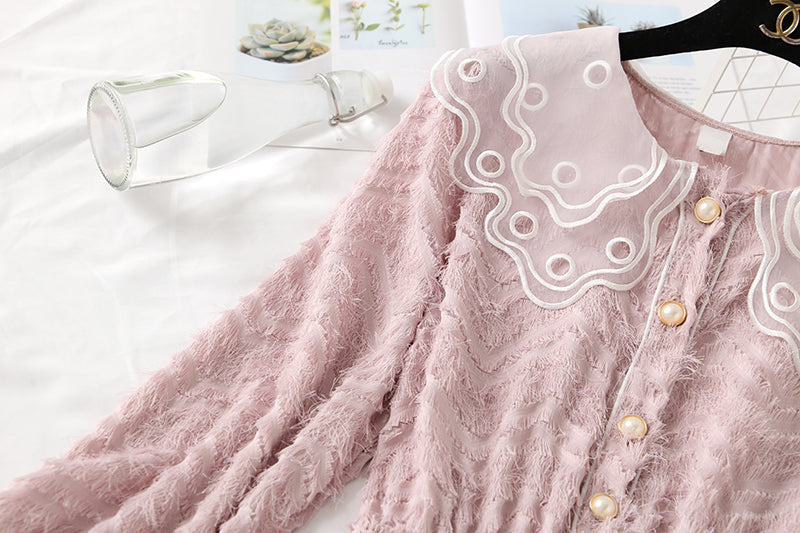 Robe vintage française pour fille en mousseline de soie, avec pompons, en dentelle, col de poupée, jupe à bas 2463