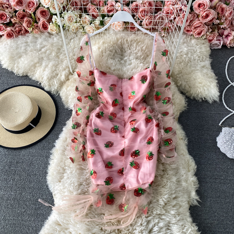 Robe en gaze rose fraise, sac à bandoulière, jupe à la hanche, ligne unique, 3177