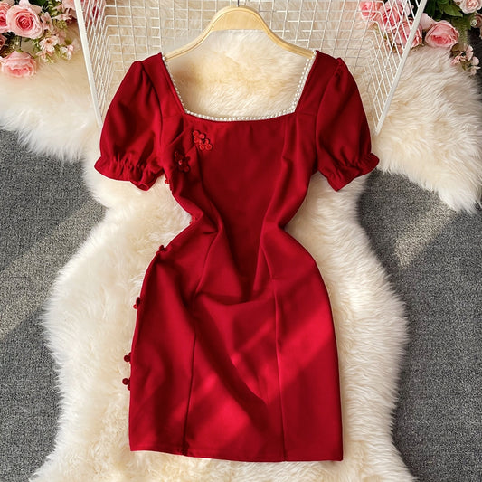 Retro disc buckle temperament bubble sleeve square neck dre  2808