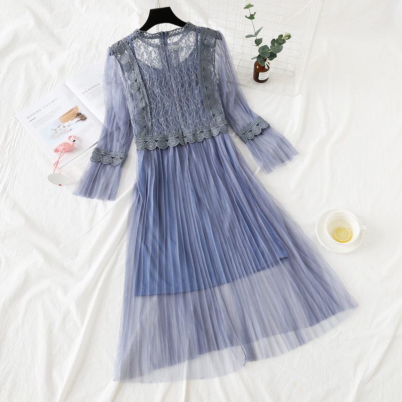 Lace stitched mesh dress women's super fairy suspender skirt two-piece set  2449