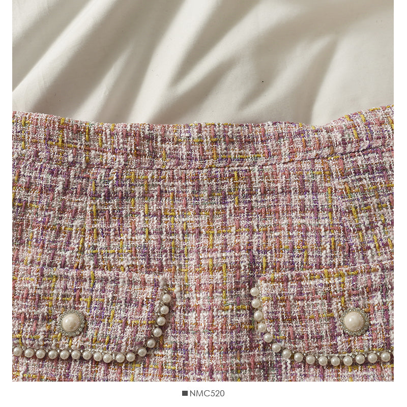 Jupe portefeuille taille haute en tweed à carreaux rétro de style Hong Kong pour femme 2539