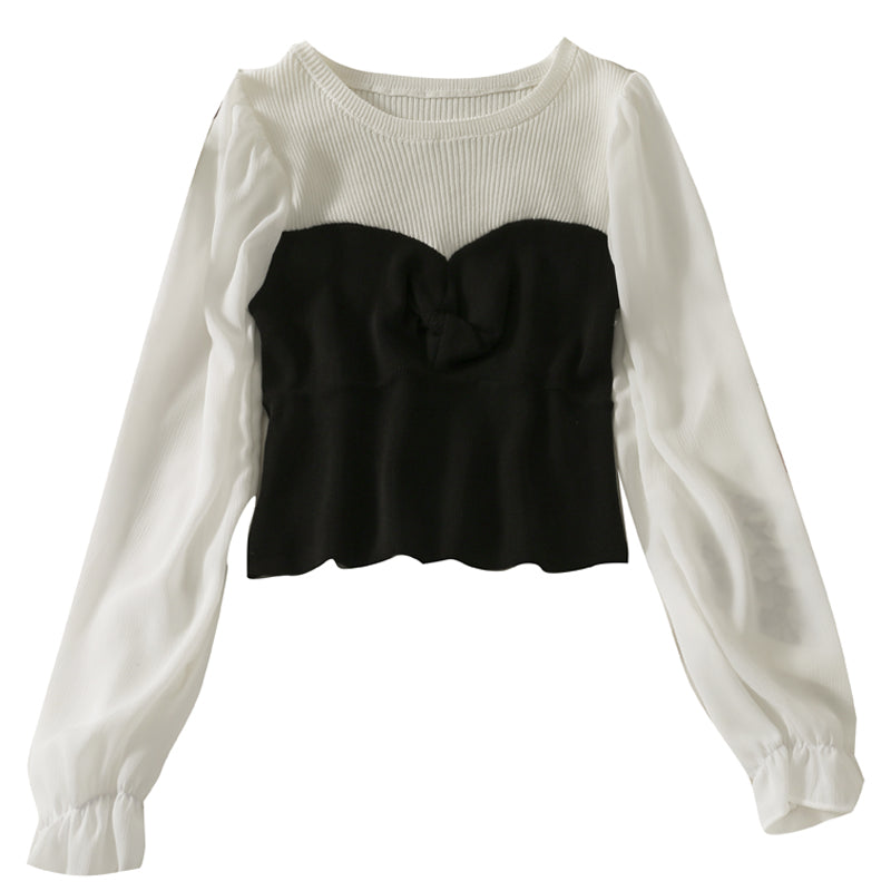 Pull froissé slim de couleur contrastée Han Fan pour femme 1721