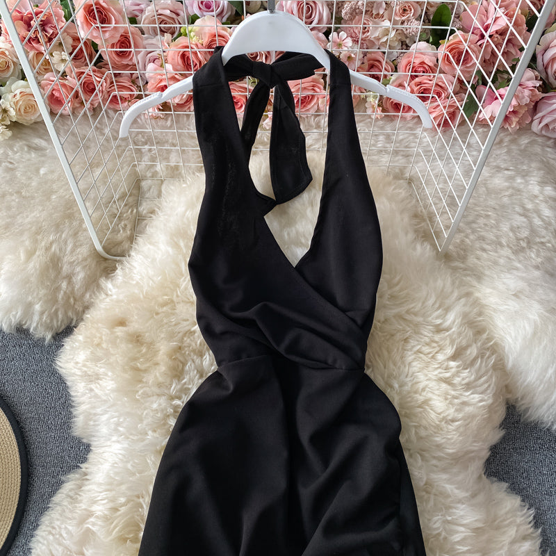 Hollow out backless sexy hanging neck V-neck dress  2759