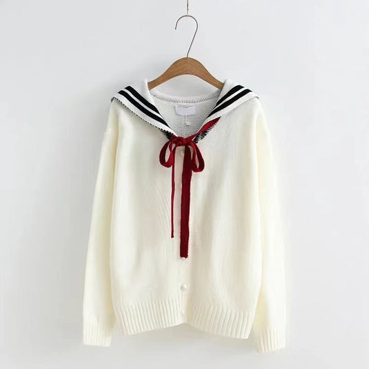 Pull à manches longues à col bleu marine, cardigan en tricot avec nœud papillon pour étudiant 1414