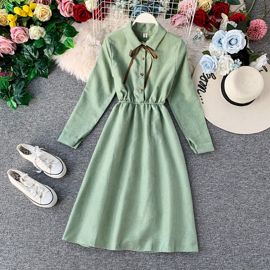 French retro super fairy waist skirt core velvet shirt dress  3401