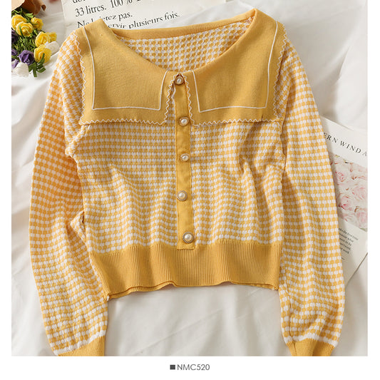 Pull à manches longues à carreaux slim et slim pour femme col poupée 1760