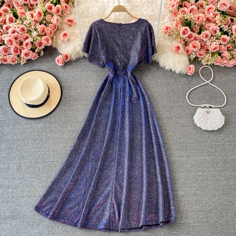 Robe col rond en soie brillante au tempérament noble et élégant 2986