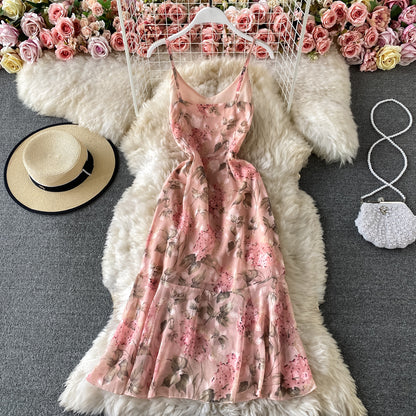 Robe en mousseline de soie à fleurs rose fendue avec volants irréguliers 3426