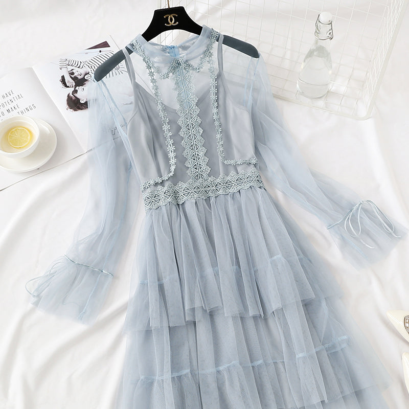 French minority retro doll skirt heavy industry lace mesh cake dress female  2468