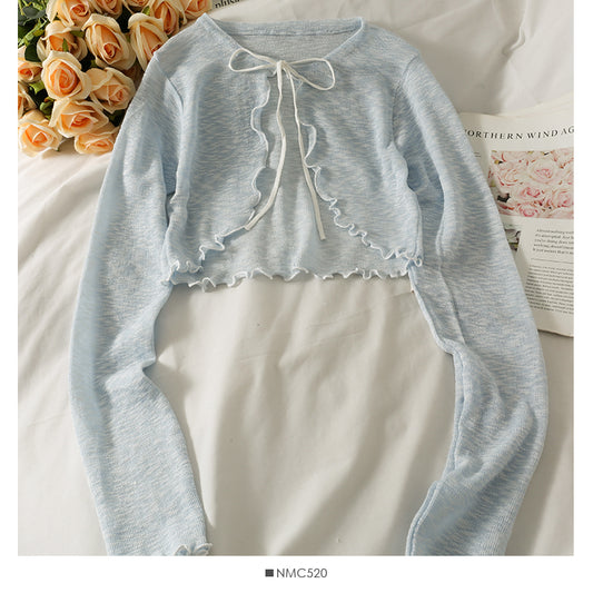 Petit châle français pour femme, pull fin à manches longues transparent en micro-maille 1696