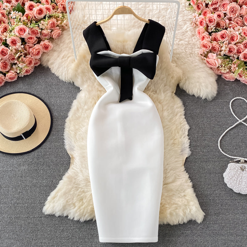 Light luxury celebrity dress open back suspender skirt large bow slim fit  2730