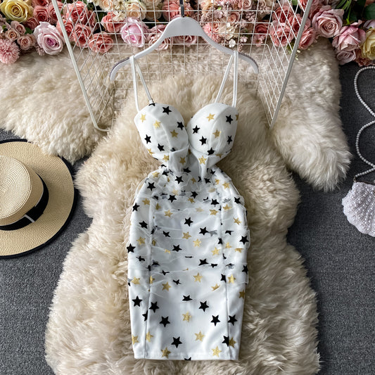 Star mesh splicing suspender Hip Wrap Skirt pleated strapless dress  3032