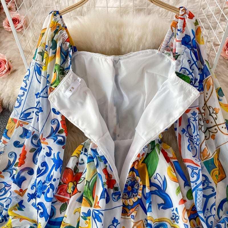 Jupe longue fendue à manches bouffantes et imprimé porcelaine bleu et blanc 3349