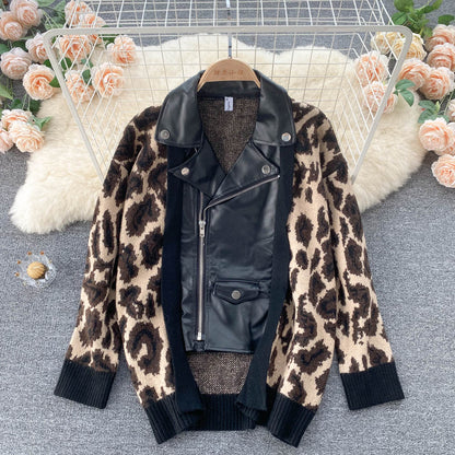 Korean leopard sweater stitched short lapel  1570