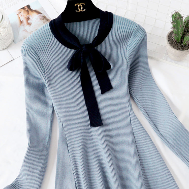 Knitted dress women's new French retro knee length wool dress  2144
