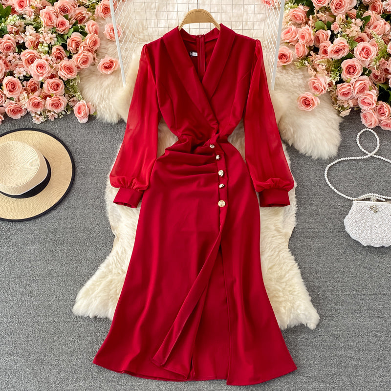 Suit collar waist slit dress elegant temperament Hip Wrap slit skirt  3233