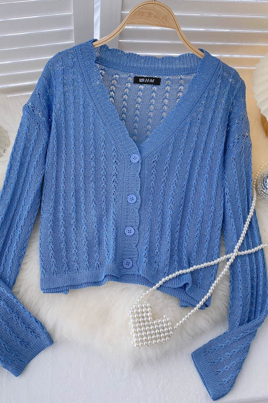 Cardigan tricoté à crochet fin avec fleurs ajourées et manches longues 1583