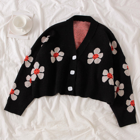 Manteau en tricot fleuri preppy, ample, col V, cardigan printemps et automne 1442
