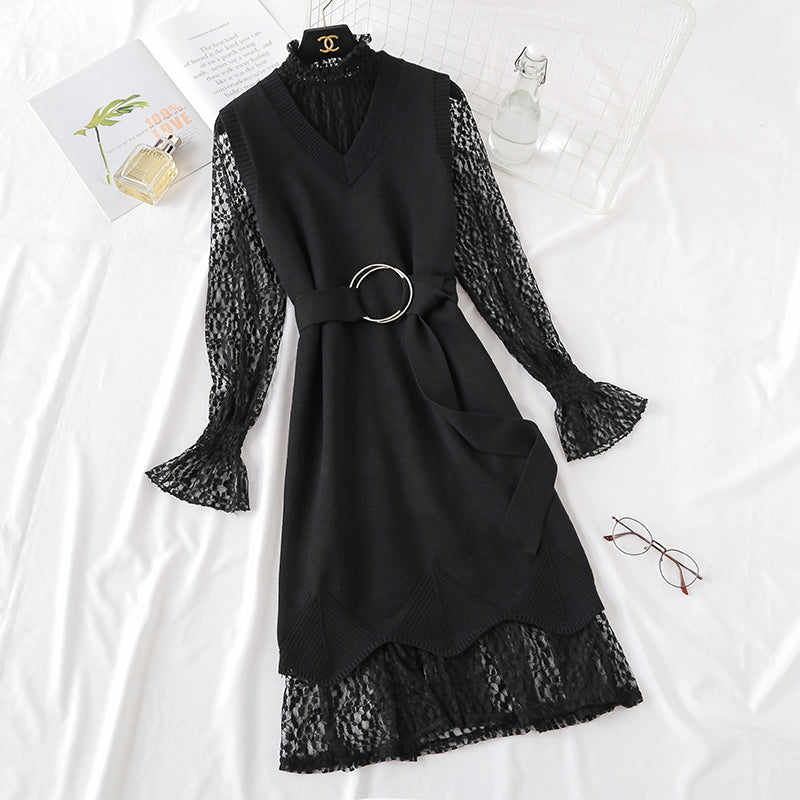 Minority LACE VEST knitted dress fashion suit two piece set female  2473