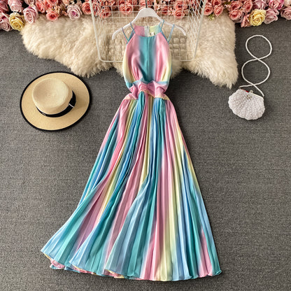 New sleeveless gradient rainbow neck suspender Pleated Dress  2728