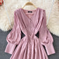 Single breasted waistband slim bubble sleeve dress long skirt  3334