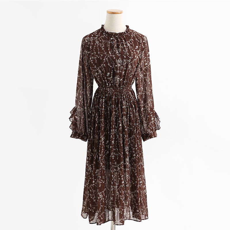 Chiffon pleated skirt, fungus floral dress, slim dress, lady dress  2432